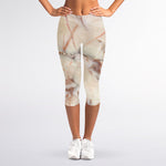 Brown Beige Marble Print Women's Capri Leggings