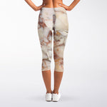 Brown Beige Marble Print Women's Capri Leggings