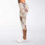 Brown Beige Marble Print Women's Capri Leggings