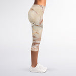 Brown Beige Marble Print Women's Capri Leggings