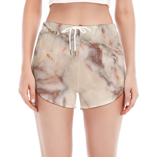Brown Beige Marble Print Women's Split Running Shorts