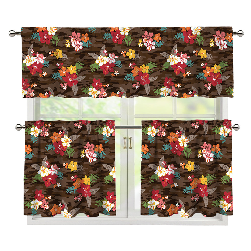 Brown Camo Hibiscus Flower Print 3 Piece Kitchen Curtains