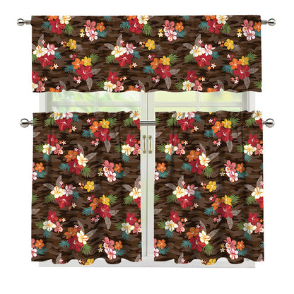 Brown Camo Hibiscus Flower Print 3 Piece Kitchen Curtains