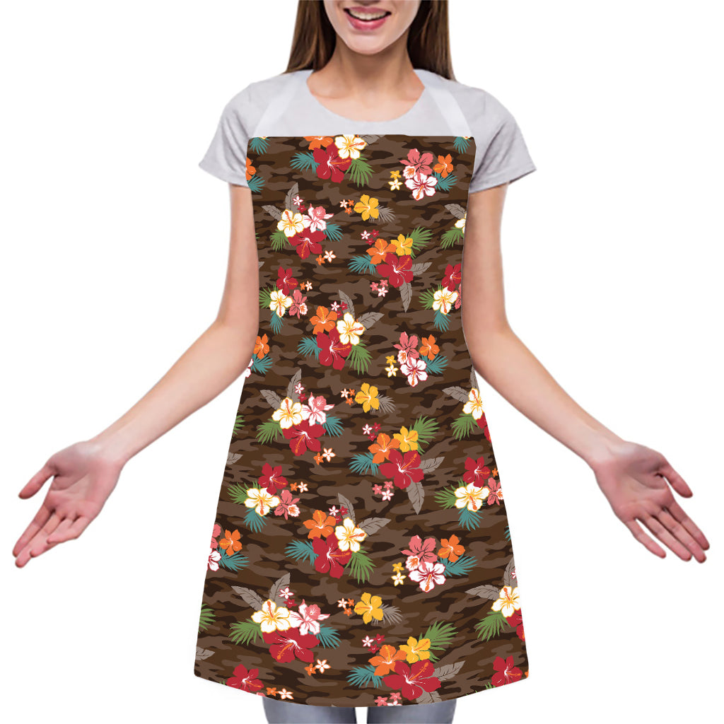 Brown Camo Hibiscus Flower Print Adjustable Apron