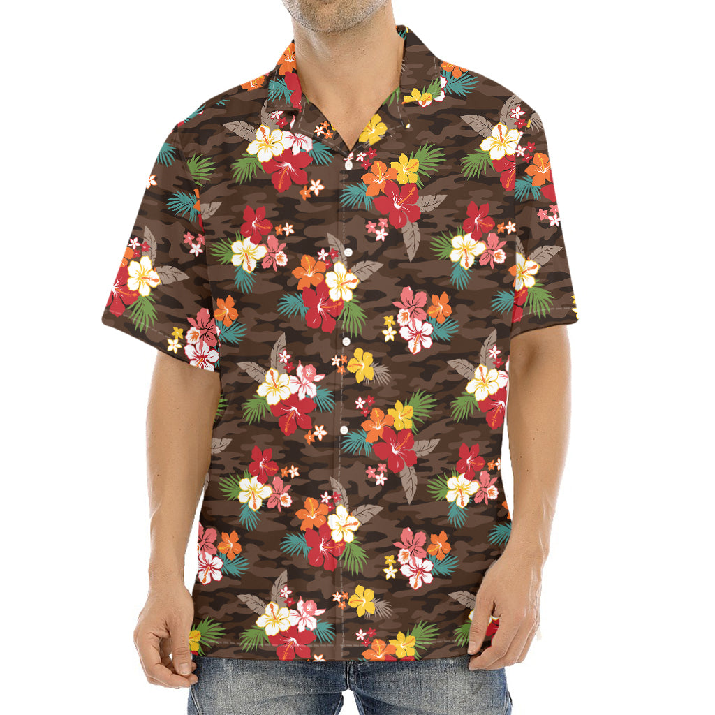 Brown Camo Hibiscus Flower Print Aloha Shirt