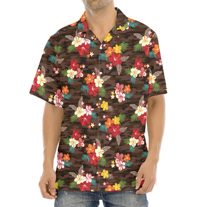 Brown Camo Hibiscus Flower Print Aloha Shirt