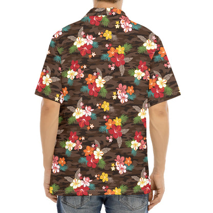 Brown Camo Hibiscus Flower Print Aloha Shirt