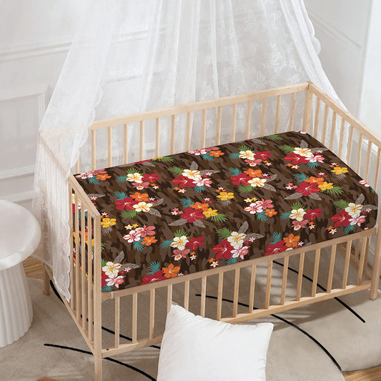 Brown Camo Hibiscus Flower Print Baby Crib Sheet