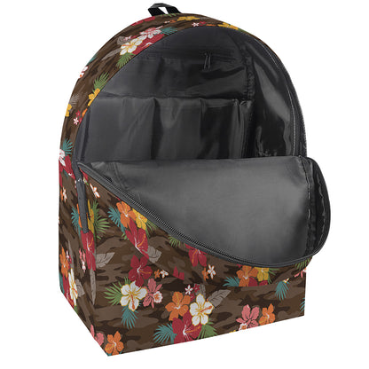 Brown Camo Hibiscus Flower Print Backpack