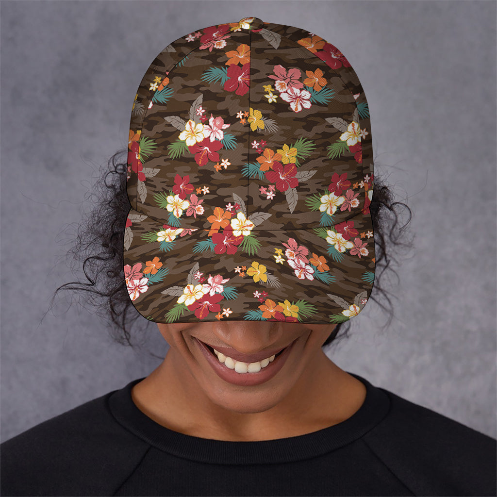 Brown Camo Hibiscus Flower Print Baseball Cap