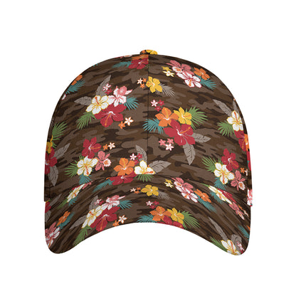 Brown Camo Hibiscus Flower Print Baseball Cap