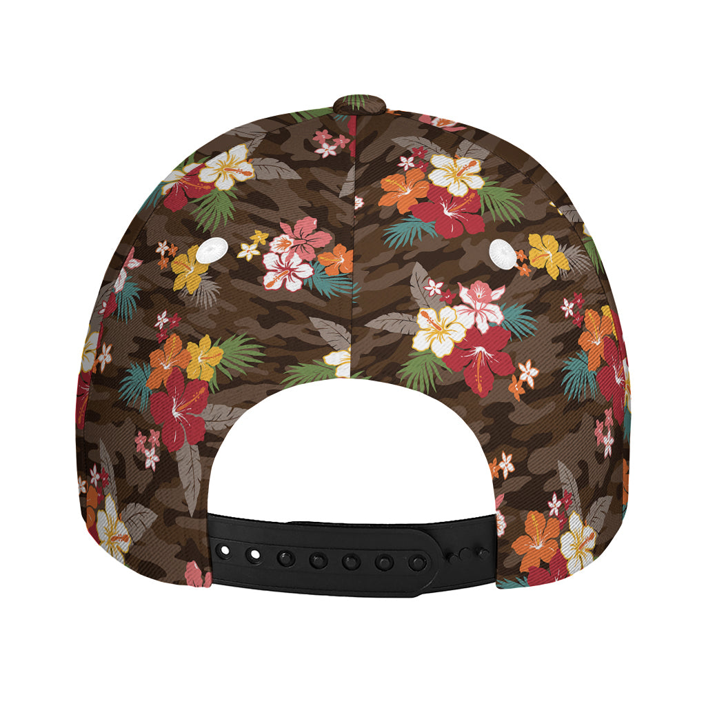Brown Camo Hibiscus Flower Print Baseball Cap