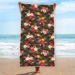 Brown Camo Hibiscus Flower Print Beach Towel