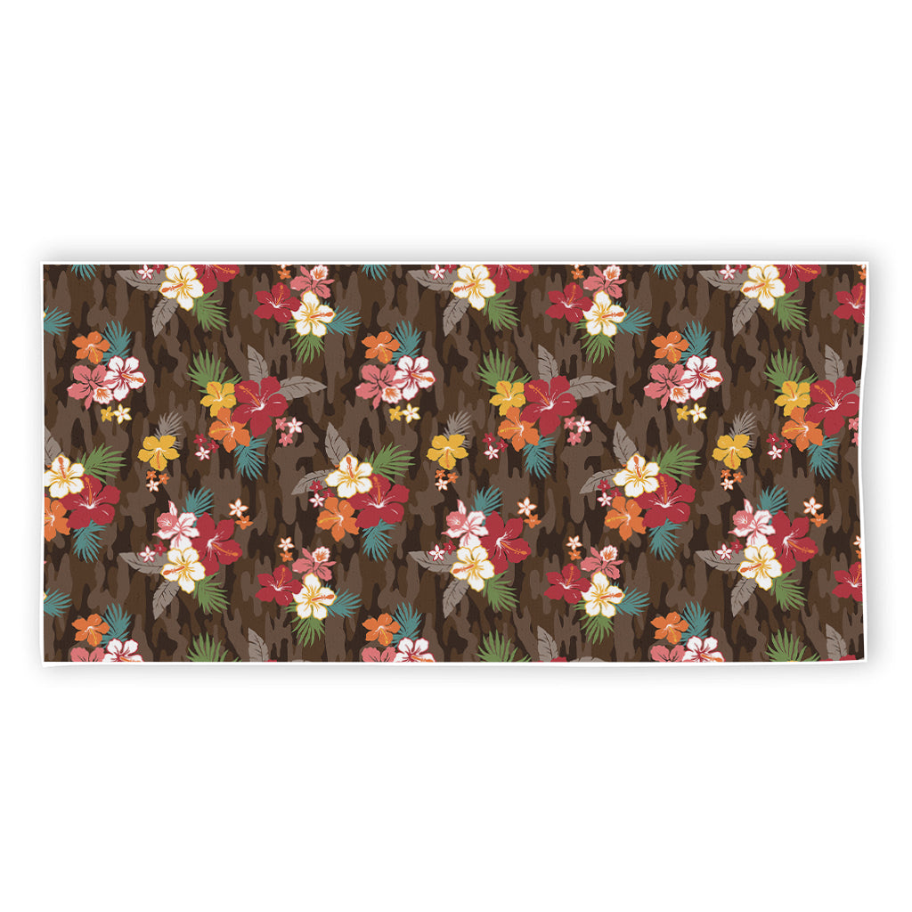 Brown Camo Hibiscus Flower Print Beach Towel
