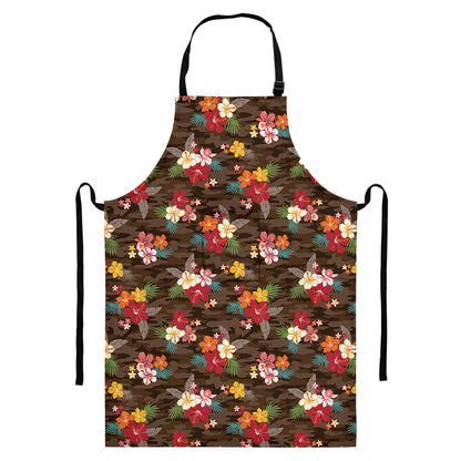 Brown Camo Hibiscus Flower Print Bib Apron With Pocket