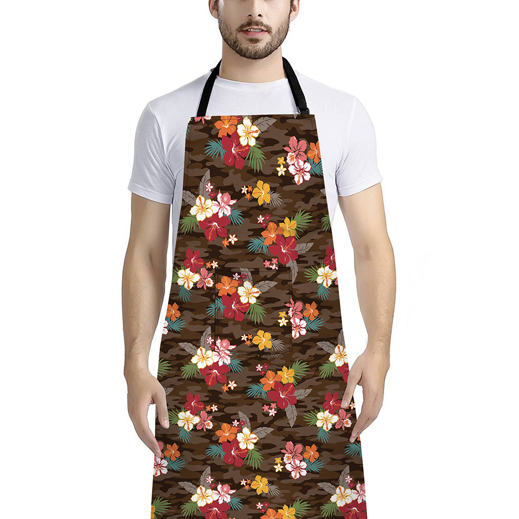 Brown Camo Hibiscus Flower Print Bib Apron With Pocket