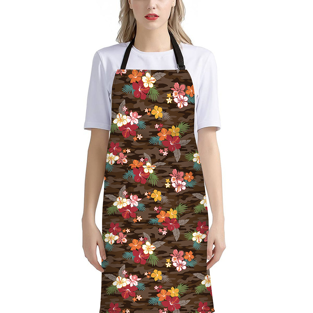 Brown Camo Hibiscus Flower Print Bib Apron With Pocket