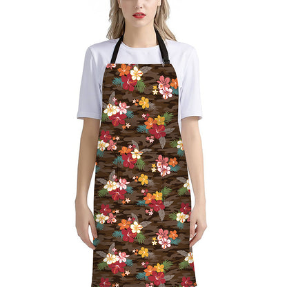 Brown Camo Hibiscus Flower Print Bib Apron With Pocket