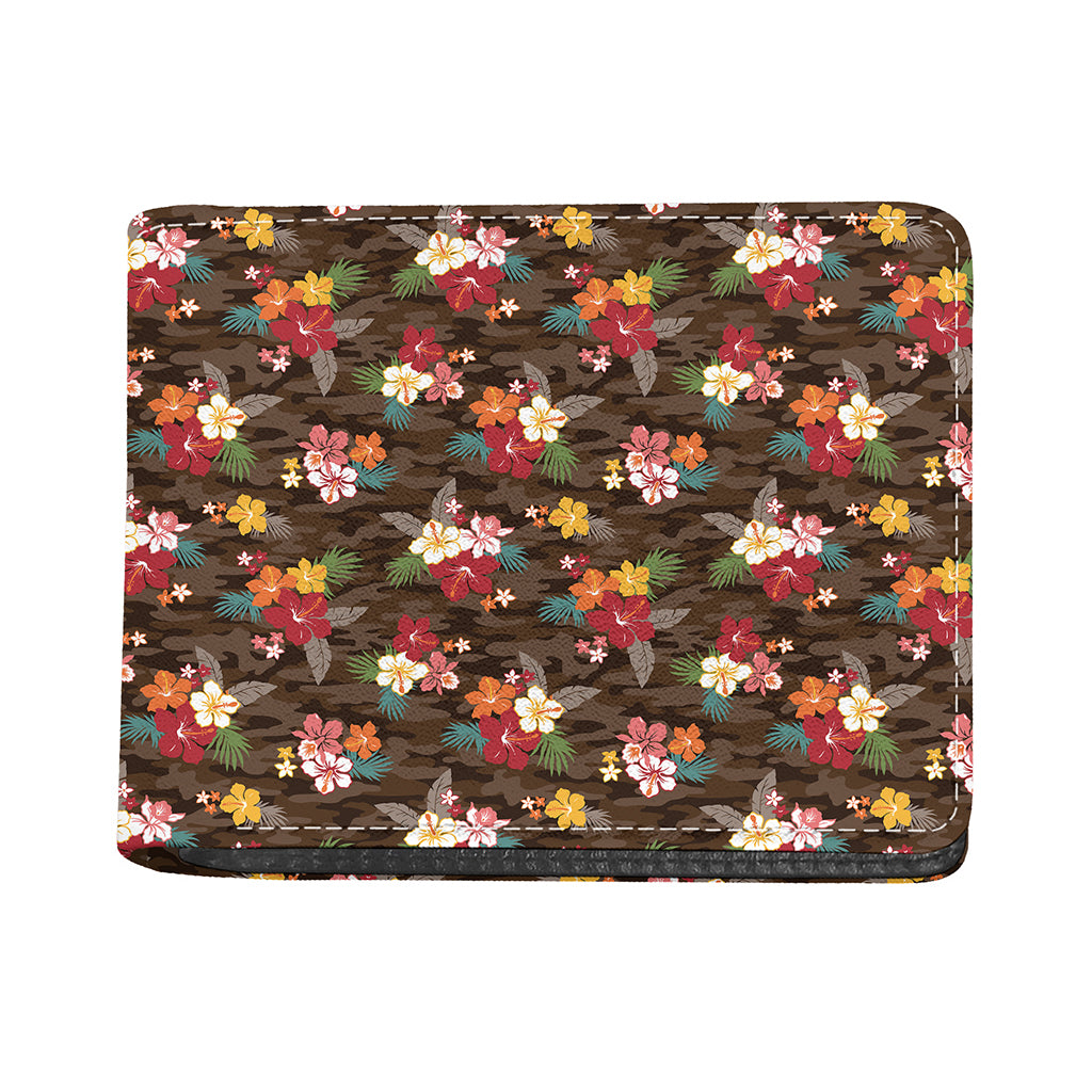 Brown Camo Hibiscus Flower Print Bifold Wallet