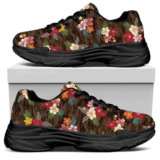 Brown Camo Hibiscus Flower Print Black Chunky Shoes