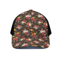 Brown Camo Hibiscus Flower Print Black Mesh Trucker Hat