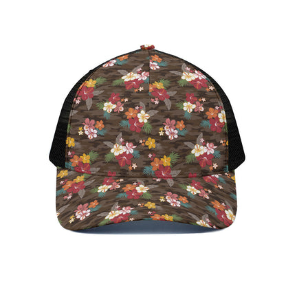 Brown Camo Hibiscus Flower Print Black Mesh Trucker Cap
