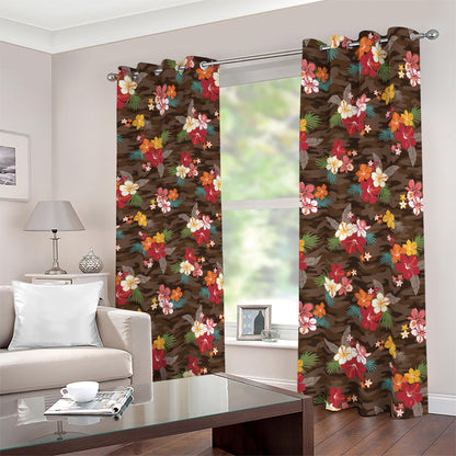 Brown Camo Hibiscus Flower Print Blackout Grommet Curtains