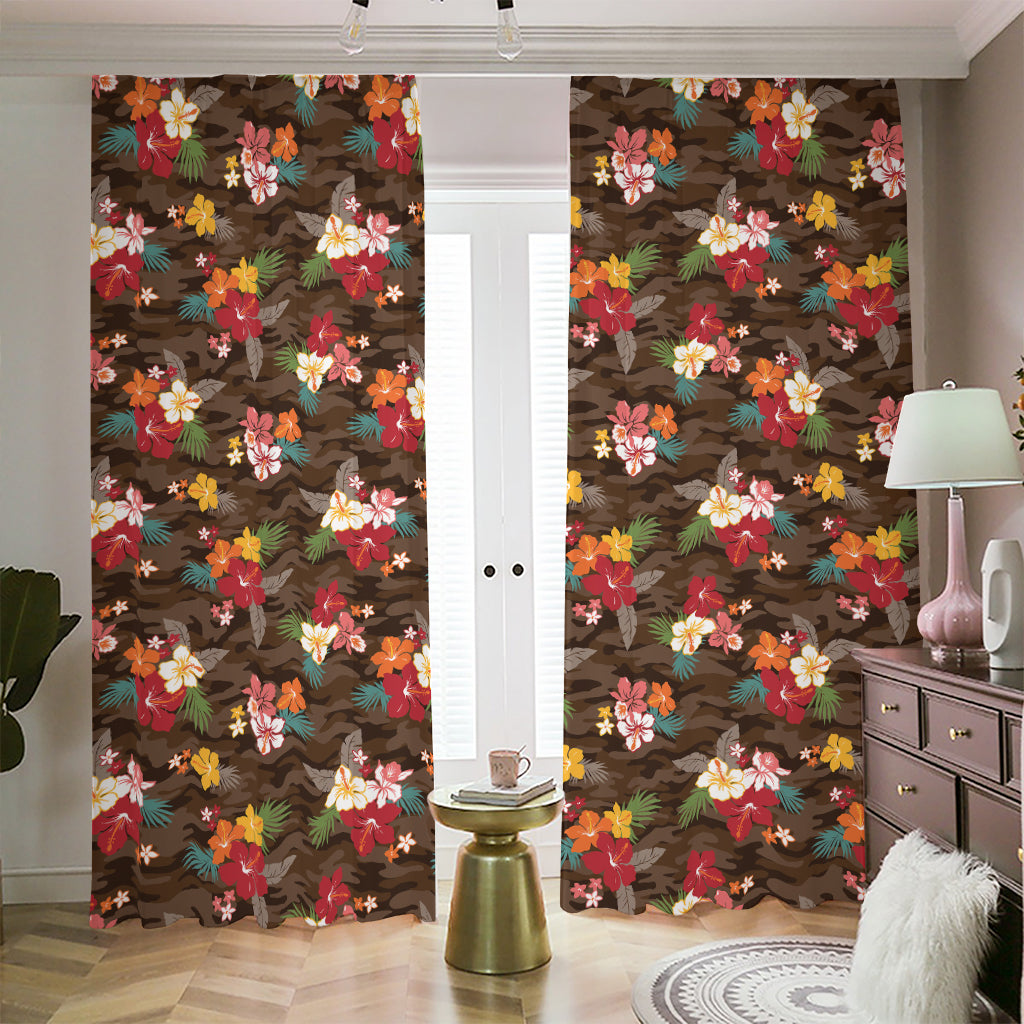 Brown Camo Hibiscus Flower Print Blackout Pencil Pleat Curtains