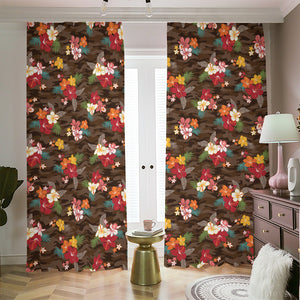 Brown Camo Hibiscus Flower Print Blackout Pencil Pleat Curtains