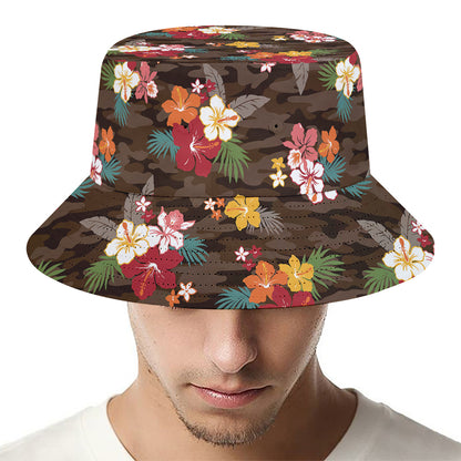 Brown Camo Hibiscus Flower Print Bucket Hat