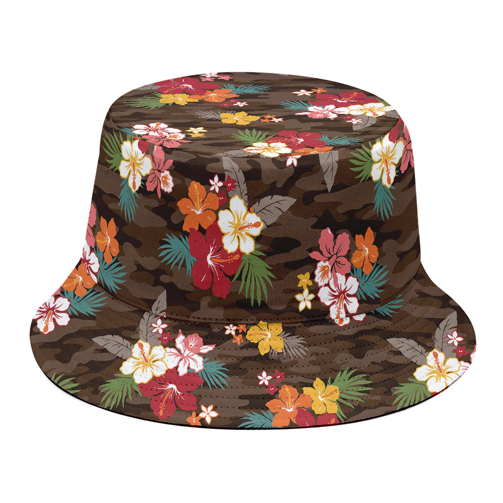 Brown Camo Hibiscus Flower Print Bucket Hat