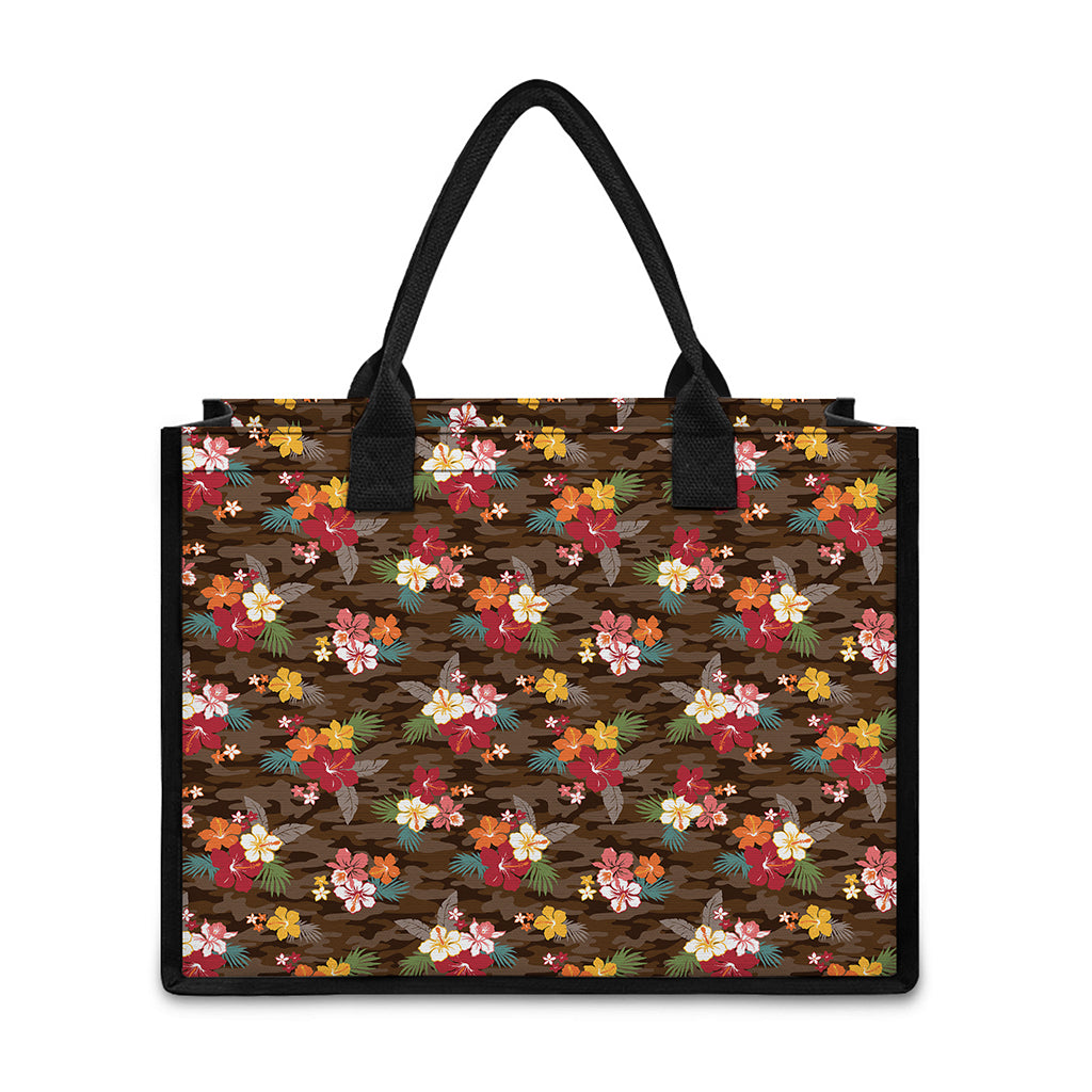 Brown Camo Hibiscus Flower Print Canvas Tote Bag
