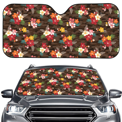 Brown Camo Hibiscus Flower Print Car Windshield Sun Shade