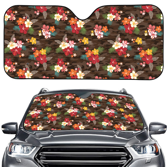 Brown Camo Hibiscus Flower Print Car Windshield Sun Shade