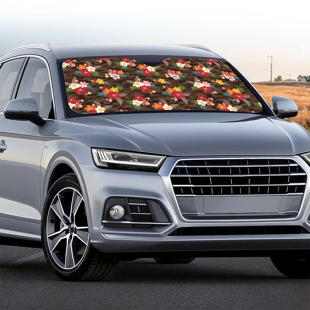 Brown Camo Hibiscus Flower Print Car Windshield Sun Shade