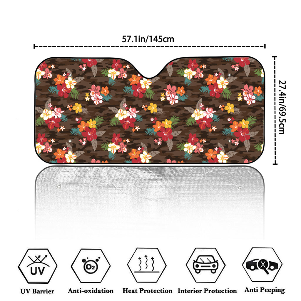 Brown Camo Hibiscus Flower Print Car Windshield Sun Shade