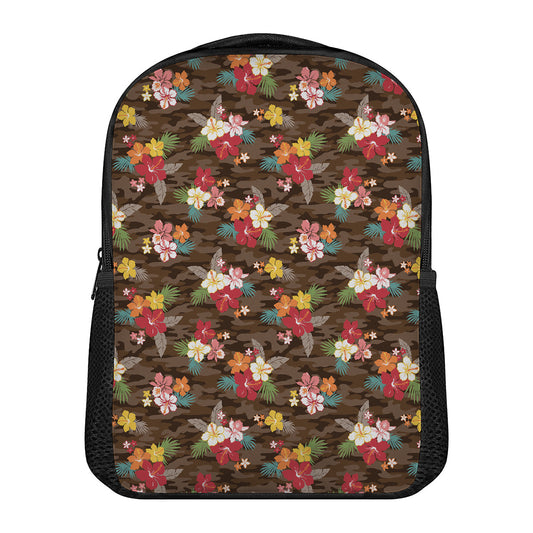 Brown Camo Hibiscus Flower Print Casual Backpack