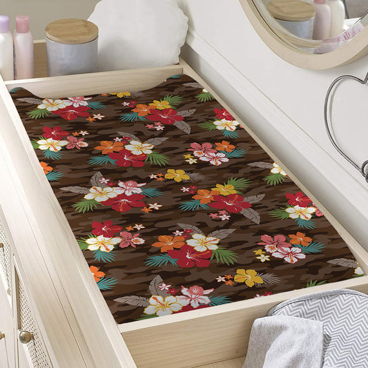 Brown Camo Hibiscus Flower Print Changing Pad Cover