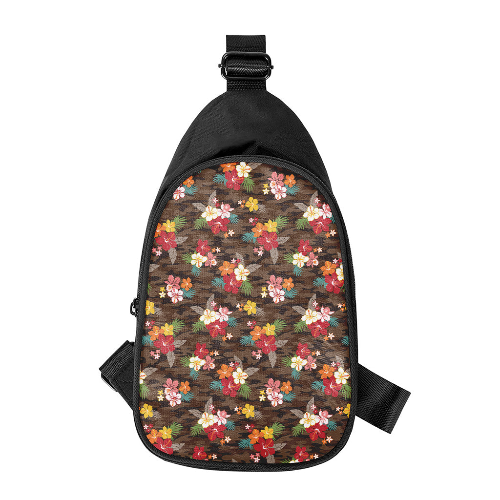 Brown Camo Hibiscus Flower Print Chest Bag
