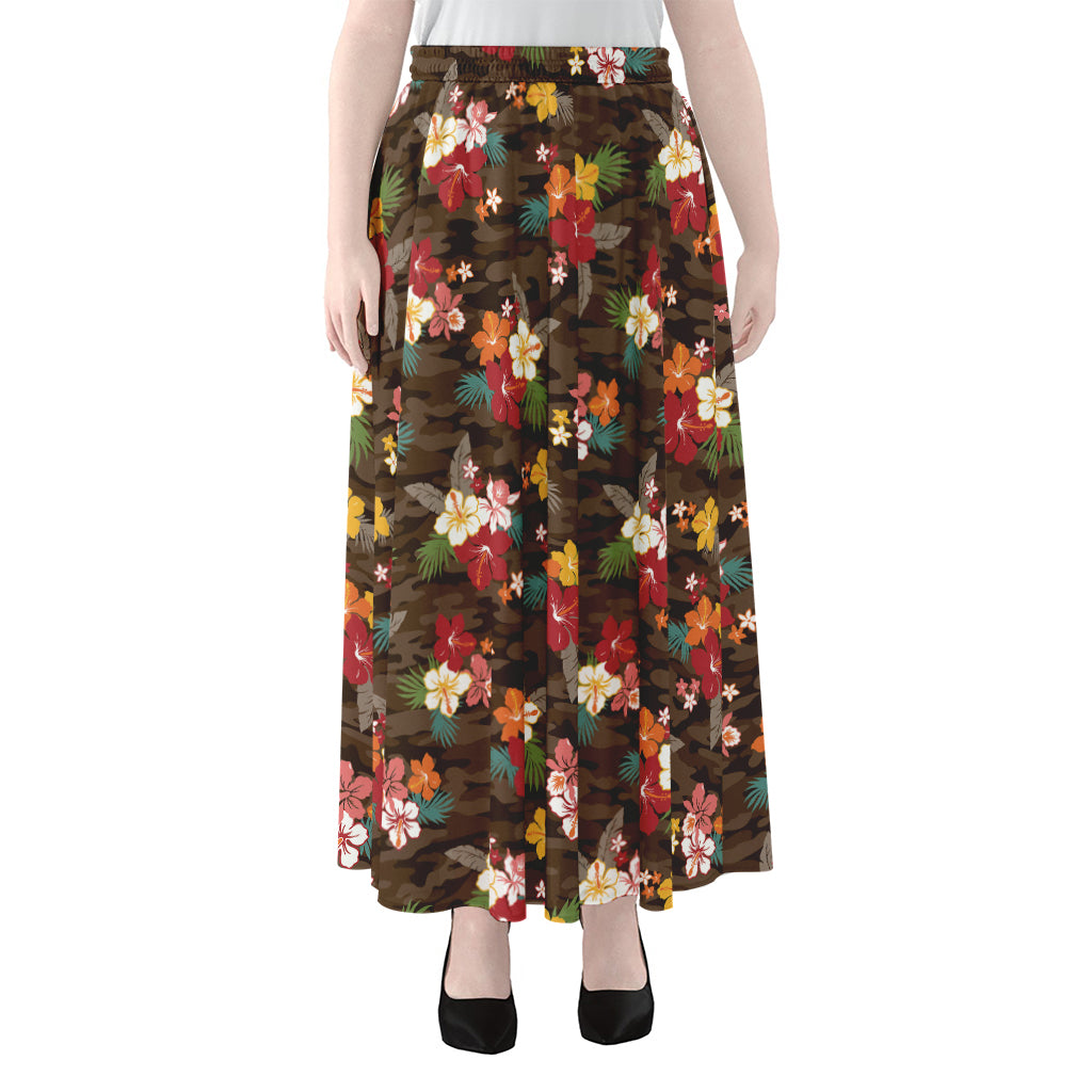 Brown Camo Hibiscus Flower Print Chiffon Maxi Skirt