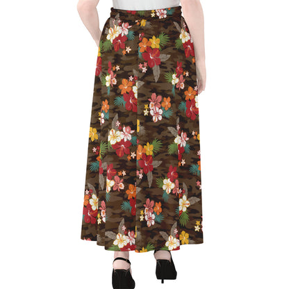 Brown Camo Hibiscus Flower Print Chiffon Maxi Skirt
