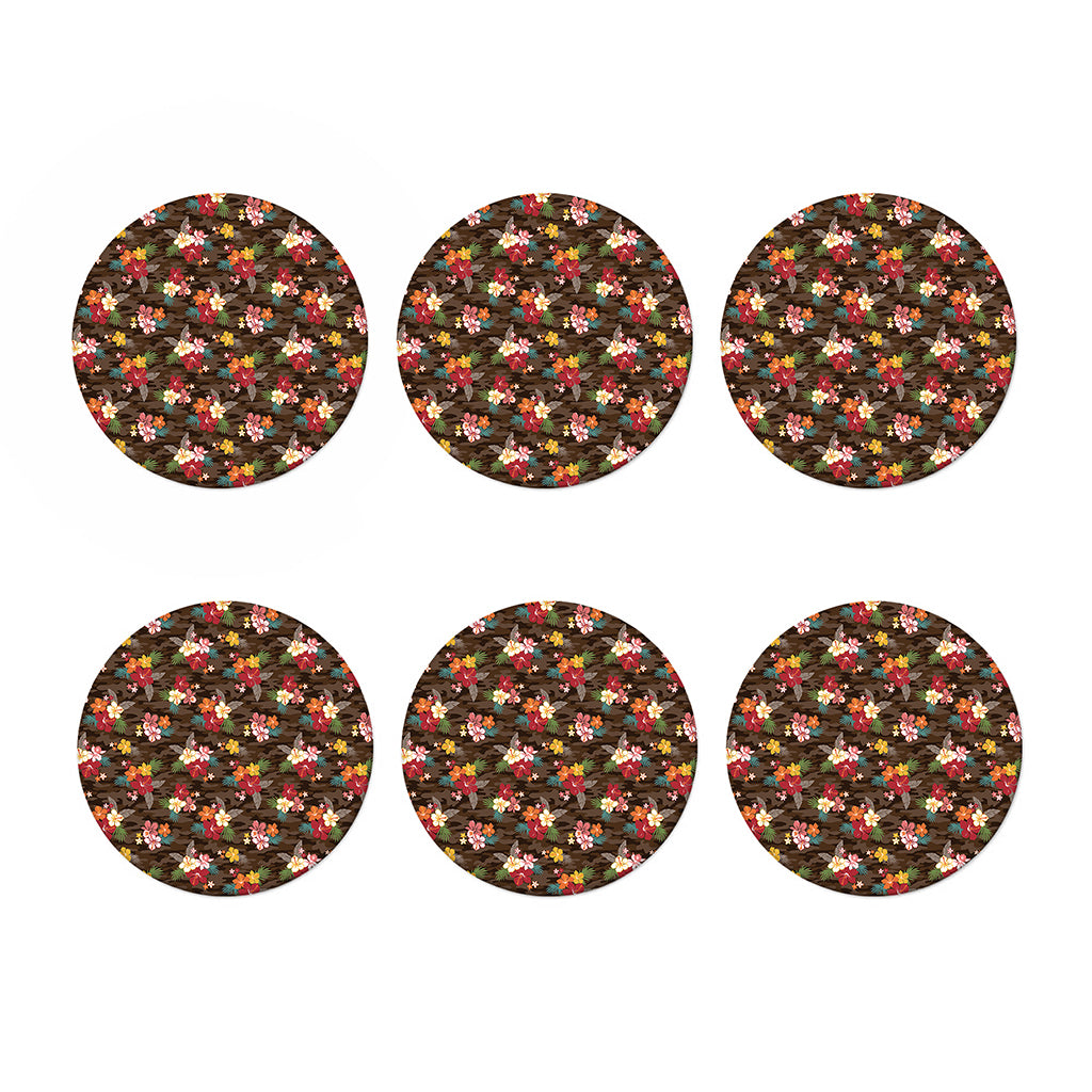 Brown Camo Hibiscus Flower Print Coaster Set