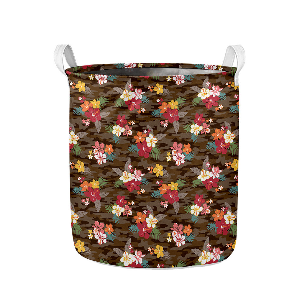 Brown Camo Hibiscus Flower Print Collapsible Laundry Basket