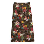 Brown Camo Hibiscus Flower Print Cotton Front Slit Maxi Skirt