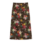 Brown Camo Hibiscus Flower Print Cotton Front Slit Maxi Skirt