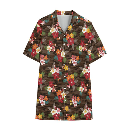 Brown Camo Hibiscus Flower Print Cotton Hawaiian Shirt