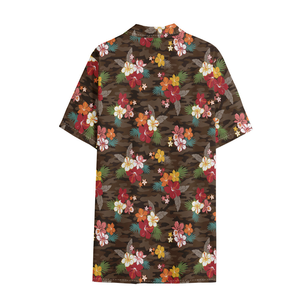 Brown Camo Hibiscus Flower Print Cotton Hawaiian Shirt