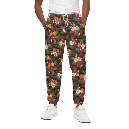 Brown Camo Hibiscus Flower Print Cotton Pants