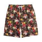Brown Camo Hibiscus Flower Print Cotton Shorts