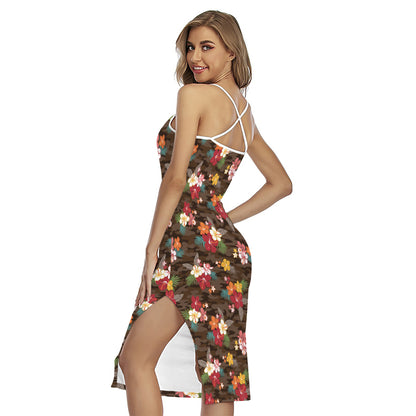 Brown Camo Hibiscus Flower Print Cross Back Cami Dress